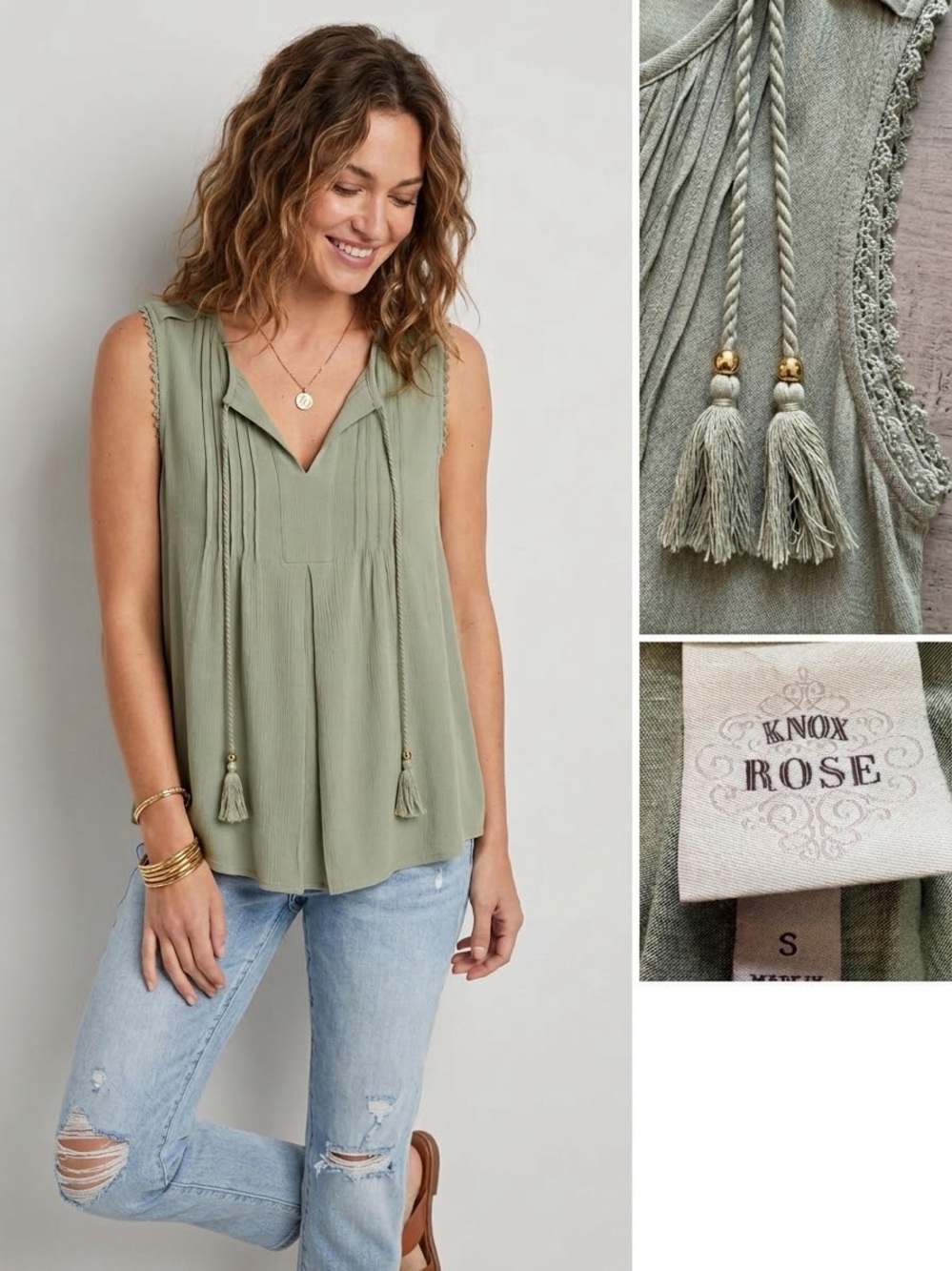 Knox Rose Sage Green Boho Peasant Tank Top Tassels Small